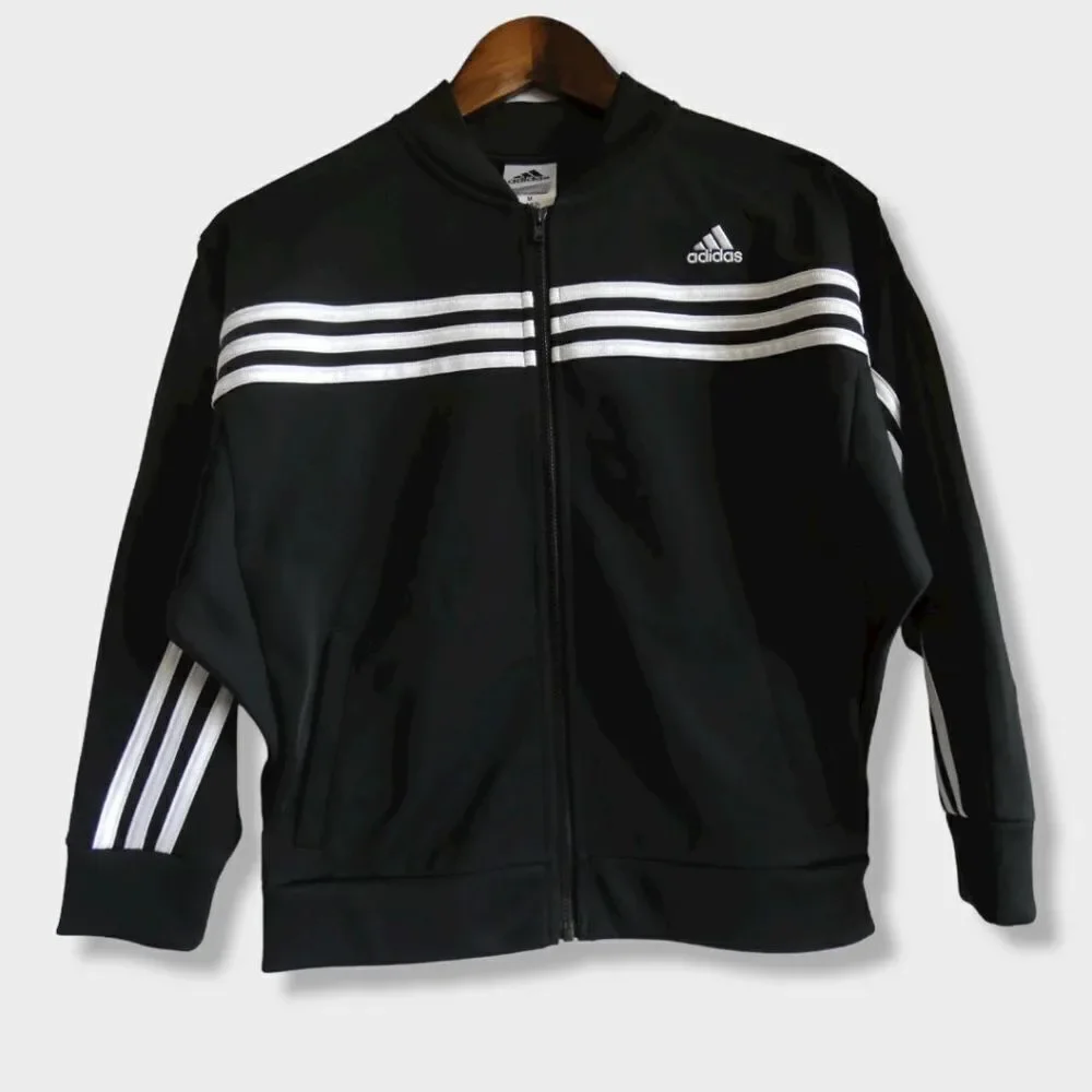 adidas Kids 3 Stripe Track Jacket M 10/12 Black Soccer Cheer Athletic Zip